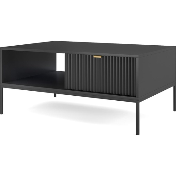 Table basse NOVA avec tiroir, poignée dorée, noire, pieds en métal noirs, 104x104x46 cm