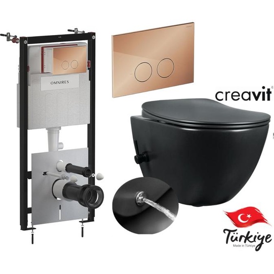 Domotechnika | Ensemble : cadre + bouton en cuivre + cuvette de WC avec bidet - 51 x 35,5 cm - Robinetterie noire - WC suspendu