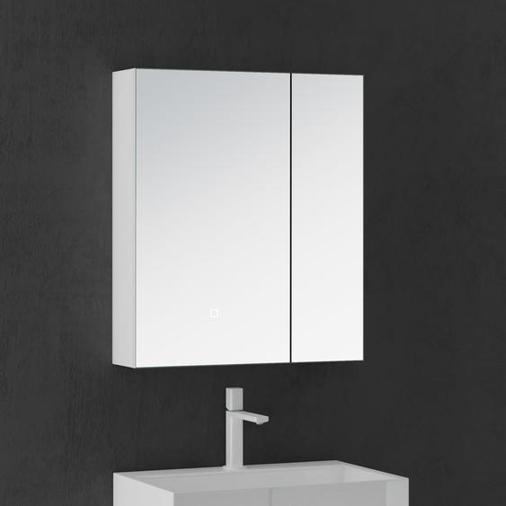 doporro Armoire Murale Salle de Bains avec Miroir LED Placard de Rangement Blanc Mat en Bois Armoire de Toilette 2 Portes 80x15x70 cm Spiegelschrank 04