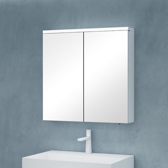 doporro Armoire Murale Salle de Bains avec Miroir LED Placard de Rangement Étagères Réglable Blanc Mat en Bois Armoire de Toilette 2 Portes 90x15x70 cm Spiegelschrank 03