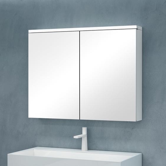 doporro Armoire Murale Salle de Bains avec Miroir LED Placard de Rangement Étagères Réglable Blanc Mat en Bois Armoire de Toilette 2 Portes 90x15x70 cm Spiegelschrank 03