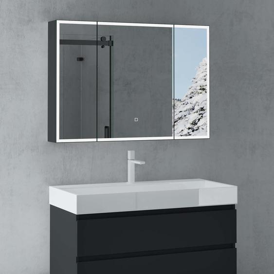 doporro Armoire Murale Salle de Bains avec Miroir LED Placard de Rangement Gris Noir Mat en Bois Armoire de Toilette 3 Portes 120x15x70 cm Spiegelschrank 04