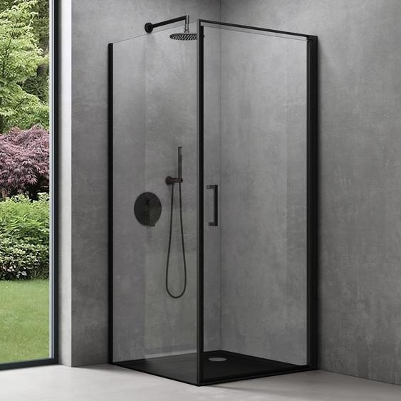 doporro Cabine de Douche en Angle Montage réversible Noir 75x90x195 Paroi de Douche Design Ravenna36K-Plus Porte Pivotante Autolevante en Verre Transparant de 8mm