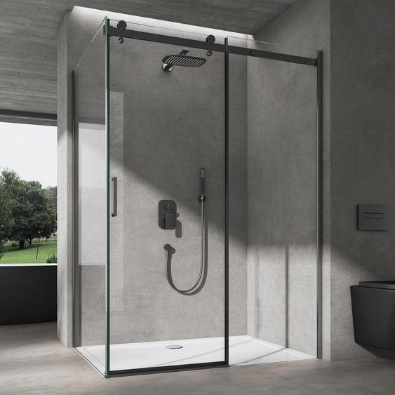 doporro Cabine de Douche Noir en Angle Montage Réversible 75x140x195cm Porte Coulissante avec Amortisseur avec Receveur Blanc Verre de Sécurité Transparent 8mm Ravenna19
