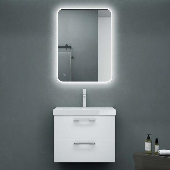 Sogood Meuble de Salle de Bains Blanc Mat Ensemble de 3 Pièces Suspendu avec Lavabo et Miroir LED 60cm 2 Tiroirs Design Bavaria