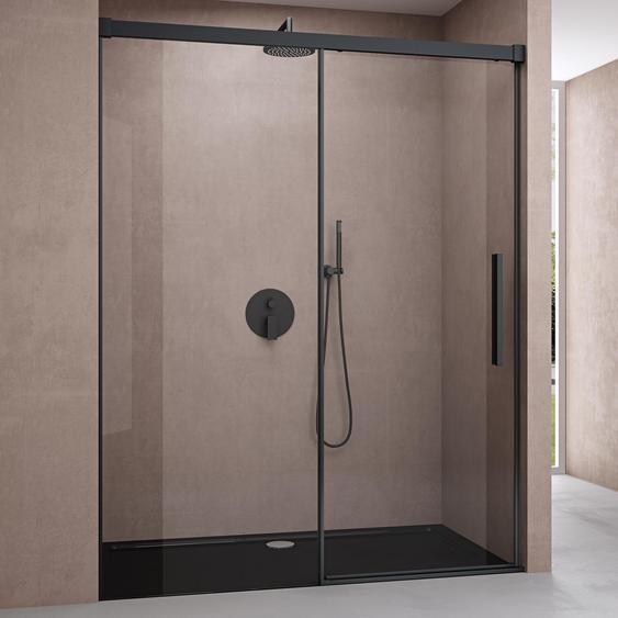 doporro Porte de Douche Coulissante 150x195cm pour Niche 150 Profilé Noir Verre de Sécurité Transparent avec Revêtement Anti-calaire Teramo12