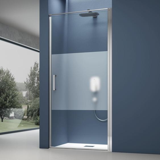 doporro Porte de Douche Pivotante Transparente avec Bande Opaque 80x195cm Paroi de Douche pour Niche Verre de 8mm avec Revêtement Anti-calaire Teramo36MS