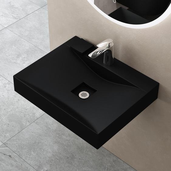 doporro Vasque à Poser 60cm avec Bonde Lavabo Suspendu Noir Mat Colossum810 Fonte Minérale Solid Surface 60x48x12cm