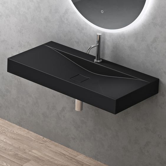 doporro Vasque à Poser 80cm avec Bonde Lavabo Suspendu Noir Mat Colossum810 Fonte Minérale Solid Surface 80x48x12cm