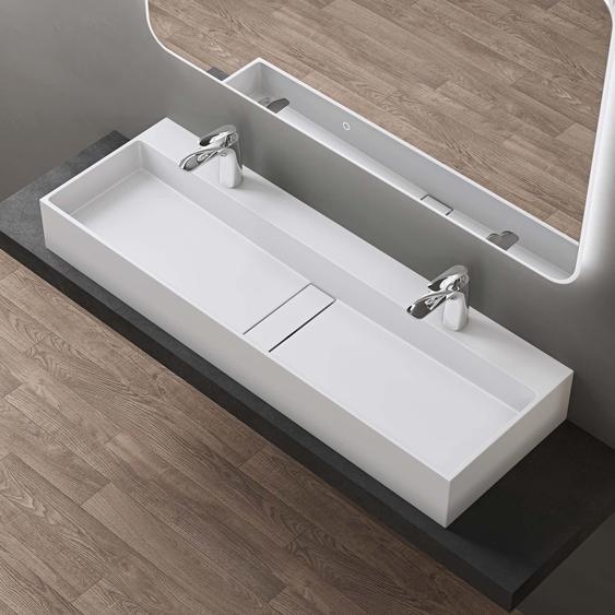 doporro Vasque à Poser Blanc Mat avec Bonde Lavabo de Salle de Bains Suspendu 120cm Lave Mains Rectangulaire avec Cache Bonde Colossum6028