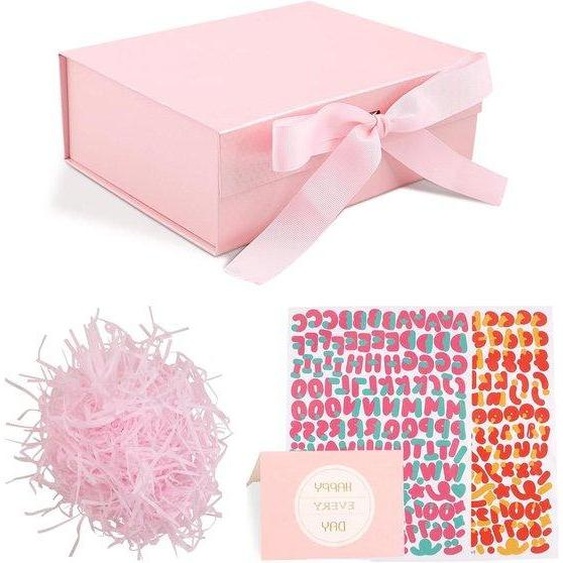 Dos de cadeau avec couvercle magnétique et accessoires - Parfait pour mariage, anniversaire, Noël - Emballage cadeau rose avec stickers, ruban et morceaux de papier