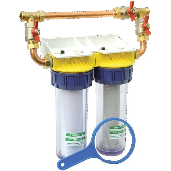 Double filtre 3/4 BYPASS anti-calcaire avec équerre et cartouche POLAR FD34CBP