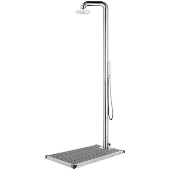 Douche de jardin extérieure, avec douchette flexible 1,5 m et base WPC grise, acier inoxydable brossé, 230 cm haut, tête 25 cm, base 110x62x5 cm