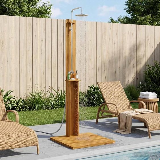 Douche dextérieur exclusive - Dimensions : 217 cm. Fabriquée en bois dacacia massif et en acier inoxydable. Design naturel