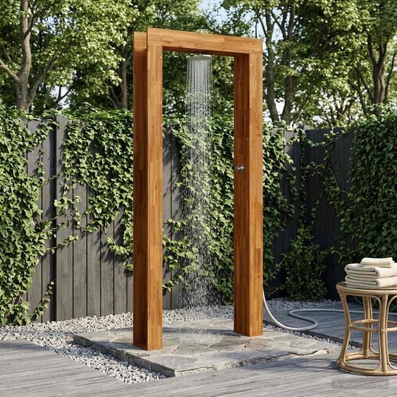 Douche dextérieur exclusive - Dimensions : 226 cm. Fabriquée en bois dacacia massif et en acier inoxydable. Design naturel