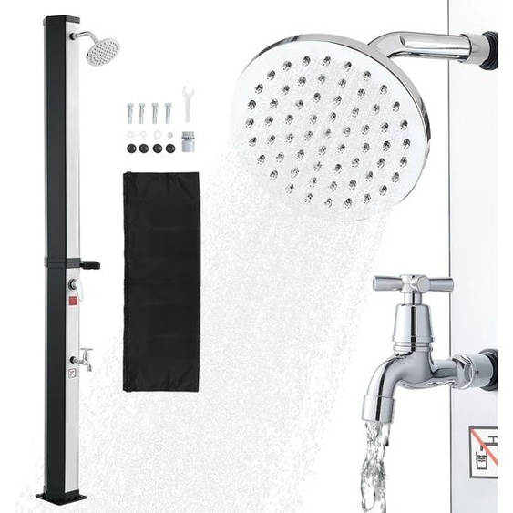 Douche solaire - Douche de jardin / douche extérieure 35 l - Hauteur 216 cm - Eau chaude et froide - Robinet au pied et porte-savon - Jusquà 60 °C - Noir/argent