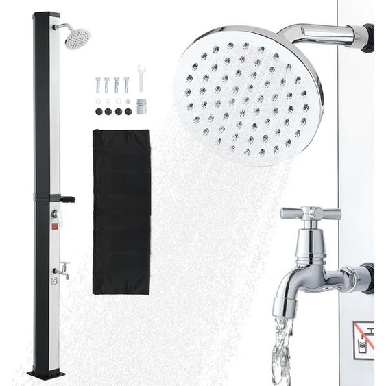 Douche solaire VEVOR 35 L, douche de jardin 2160 mm, douche dextérieur avec robinetterie à pied & porte-savon, réglage eau chaude & froide, max. 60°C, douche de camping pour jardin, zone de piscine, piscine de plage, noir/argenté