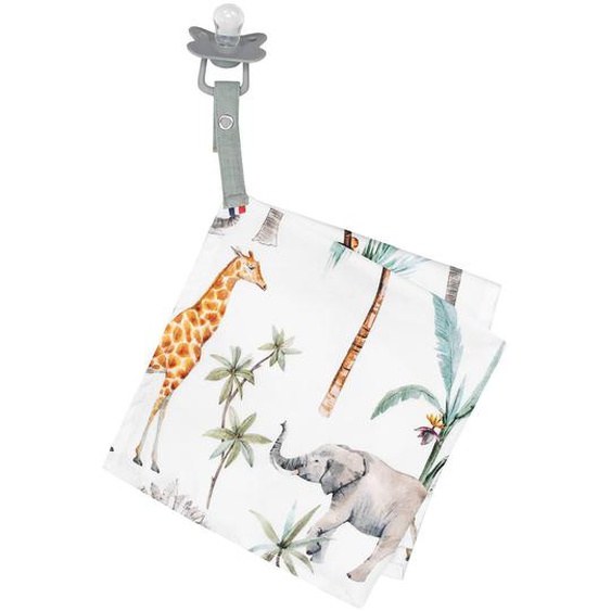 Doudou Lange Attache Tétine En Coton Safari Blanc Imprimé Safari
