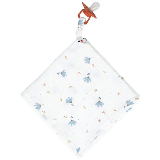 Doudou Lange Attache Tétine En Gaze De Coton Blanc Imprimé Bleuet