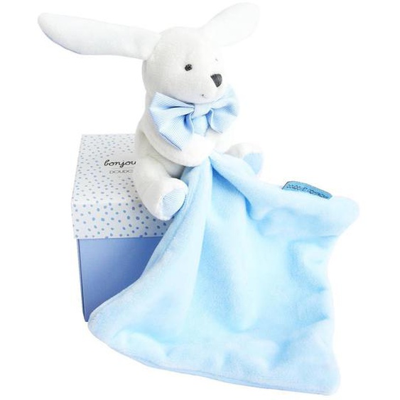 Doudou Lapin Mouchoir Bleu Boite Fleur Bleu