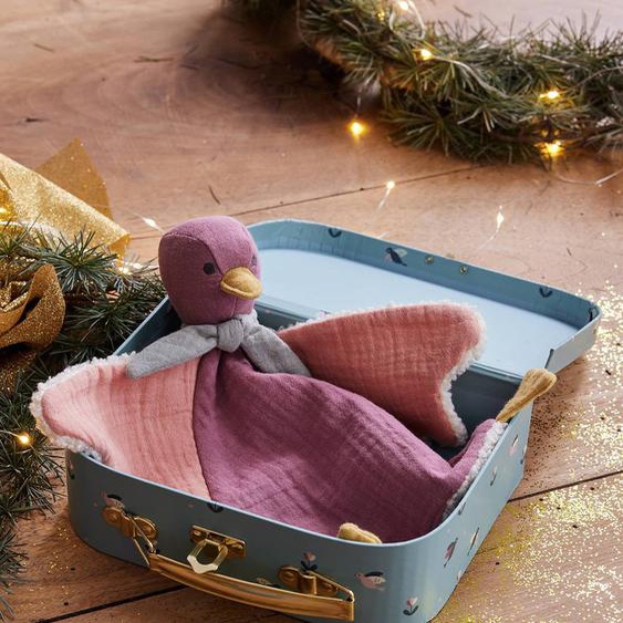Doudou oiseau bi-matière personnalisable avec mallette rose