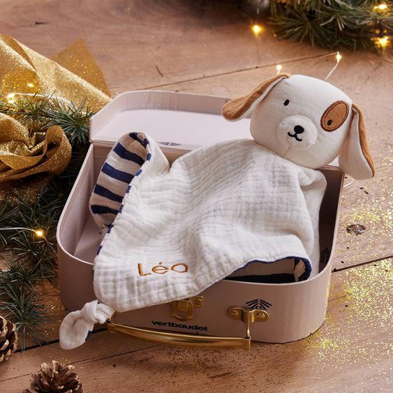Doudou plat chien personnalisable + coffret cadeau bleu