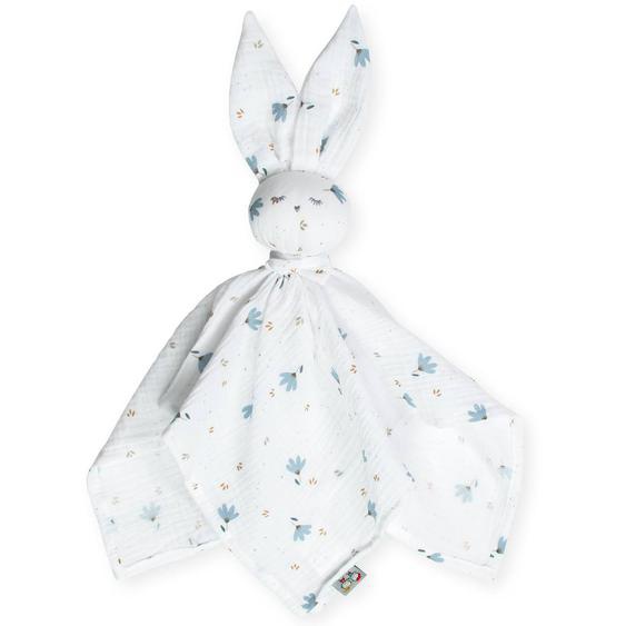 Doudou Plat Lapin Blanc Imprimé Bleuet