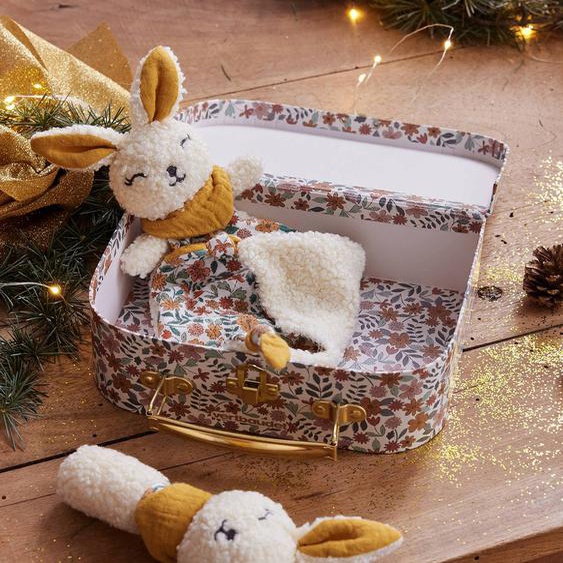 Doudou plat lapin personnalisable + hochet en mallette retro flower