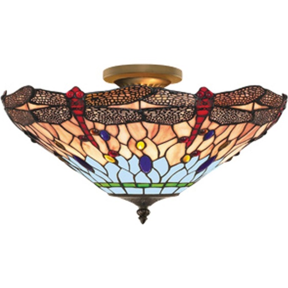 Dragonfly - Plafonnier à 1 flamme semi-affleurant, laiton antique, verre Tiffany