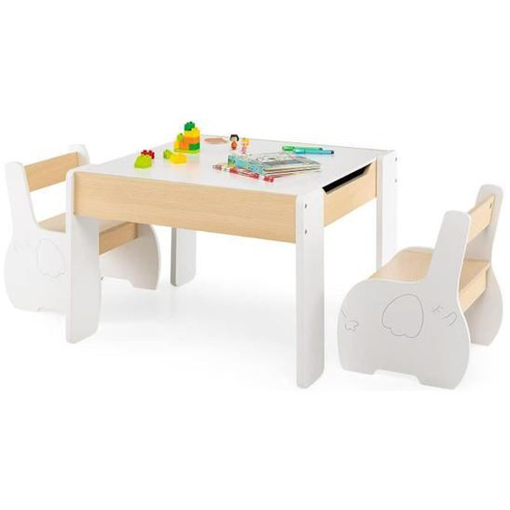 DREAMADE 3 en 1 Ensemble Table et 2 Chaises Enfant avec Tableau Noir, Plateau Amovible, Boîtes de Rangement, pour 3-6 Ans, Blanc