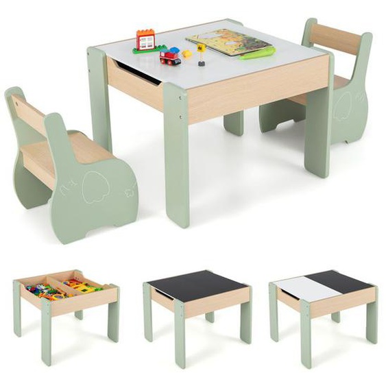 DREAMADE 3 en 1 Ensemble Table et 2 Chaises Enfant avec Tableau Noir, Plateau Amovible, Boîtes de Rangement, pour 3-6 Ans, Vert