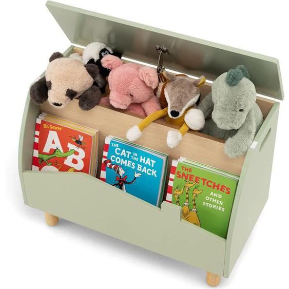 DREAMADE Coffre à Jouet Enfant en Bois, avec Etagère de Présentation, Charnière de Sécurité,Banc de Salon,Salle de Jeux,60x33x44CM