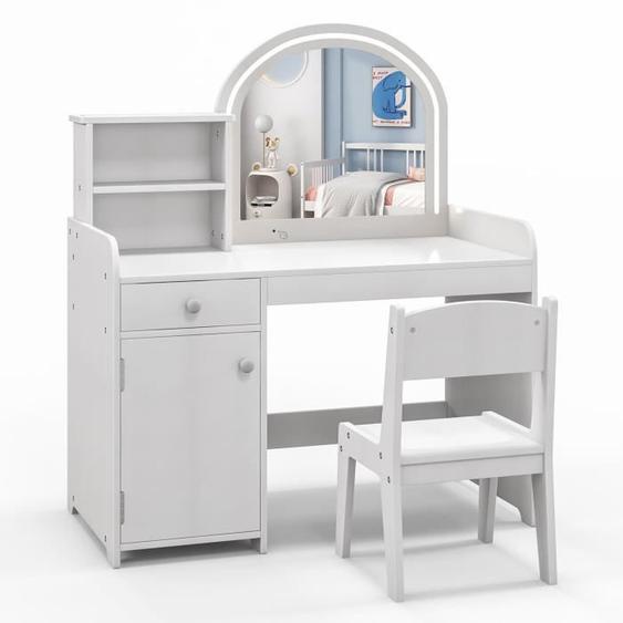 DREAMADE Coiffeuse Enfant avec Tabouret, Miroir Eclairé par LED 2 Couleurs, 2 Etagères de Rangement et Tiroir, 3+ Ans, Blanc