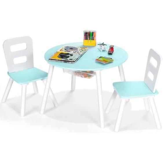DREAMADE Ensemble Table et Chaise Enfant, Jeu de Table et 2 Chaises avec Sac de Rangement, Pieds en Bois, pour Enfant 3-7 Ans, Vert