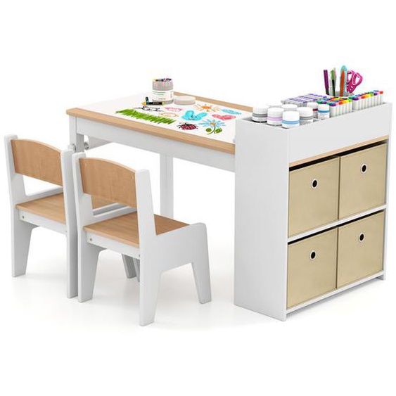 DREAMADE Ensemble Table et Chaises pour Enfants avec Rouleau de Papier, Bureau dEtude en Bois avec Etagères, Bacs en Tissu, Blanc