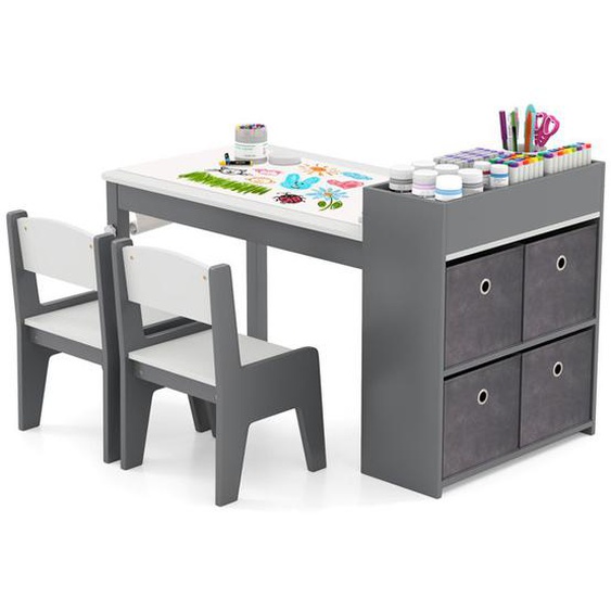 DREAMADE Ensemble Table et Chaises pour Enfants avec Rouleau de Papier, Bureau dEtude en Bois avec Etagères, Bacs en Tissu, Gris
