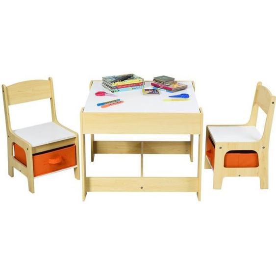 DREAMADE Ensemble Tables et 2 Chaises pour Enfants 3 en 1, avec Tableau Noir Amovible, 2 Boîtes de Rangement, pour 3-7 Ans, Naturel