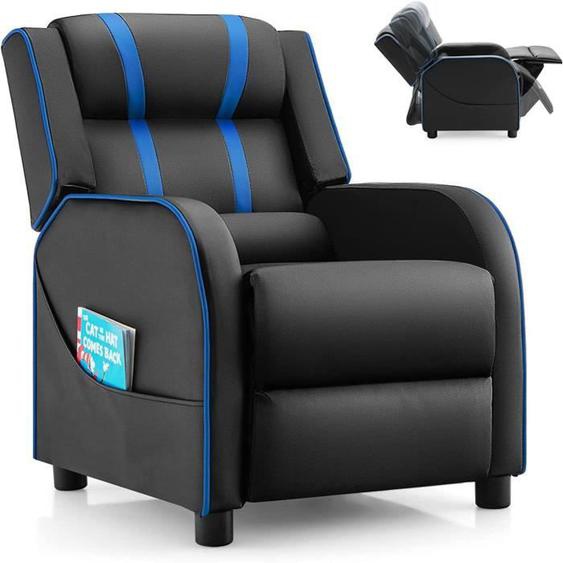 DREAMADE Fauteuil Inclinable Salon pour Enfant, en Cuir PU, avec Repose-Pied et Dossier Réglable, Poche Latérale, Charge 50KG, Bleu