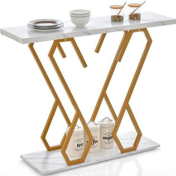 DREAMADE Table Console dEntrée avec Plateau à Motifs de Marbre, Dispositif Anti-chute et Patins Réglables, Cadre Métallique Dorée