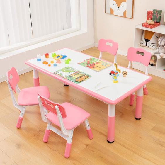 DREAMADE Table Enfants avec 4 Chaises, Bureau Multifonctionnel avec Plateau de Graffiti, Hauteur Réglable, Pieds Antidérapants,