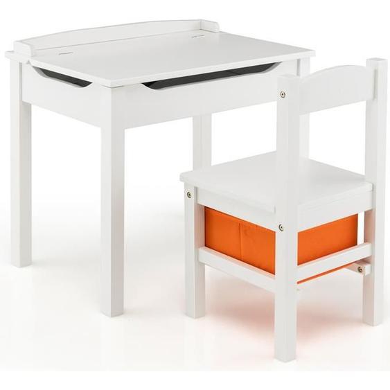 DREAMADE Table Enfants avec Chaise en Bois, Bureau Enfant avec Design à Plateau Rabattable, Espace de Rangement et Tiroir, Blanc
