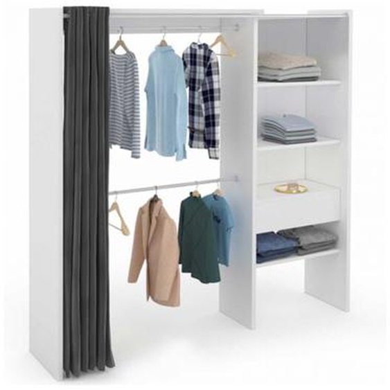 Dressing extensible marty 120/170 x 50 x 180 cm blanc avec étagères + double penderie + rideau gris