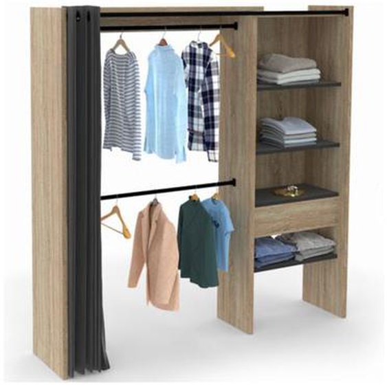 Idmarket - Dressing extensible marty 120/170 x 50 x 180 cm hêtre avec étagères + double penderie + rideau noir