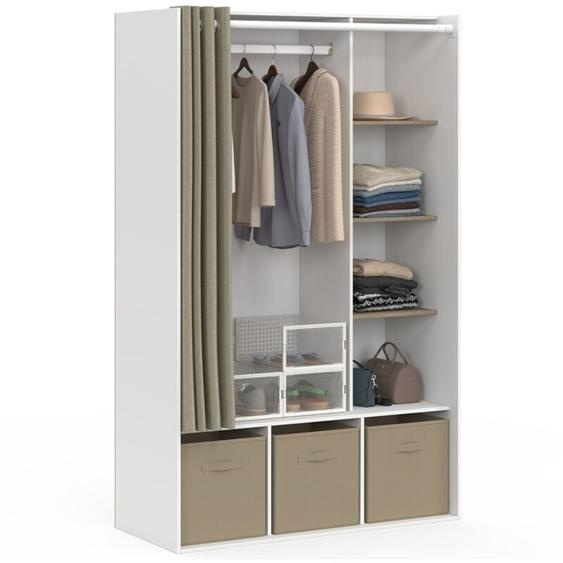 Dressing penderie diane 105 x 50 x 172 cm blanc avec étagères + boites de rangement + rideau taupe