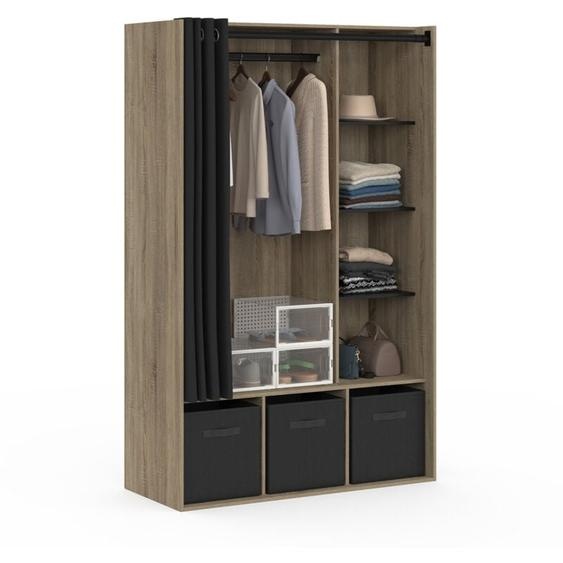 Dressing penderie diane 105 x 50 x 172 cm hêtre avec étagères + boites de rangement + rideau noir