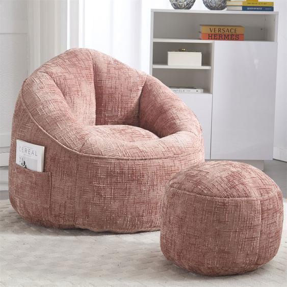 DRIPEX Chaise pouf moelleuse avec repose-pieds Rose,Pouf moderne en Chenille,mousse compressé, pour salon,chambre