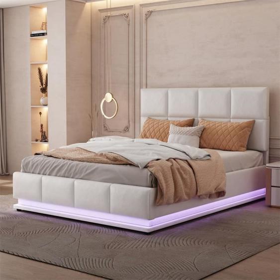 DRIPEX Lit Rembourré 140x200 cm avec éclairage LED,coffre de lit,espace de rangement relevable hydrauliquement,Lit double,Blanc