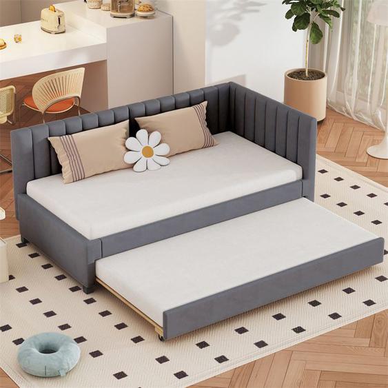 DRIPEX Lit rembourré tissu velours 90*200cm,Canapé-lit gigogne avec sommier à lattes,Gris
