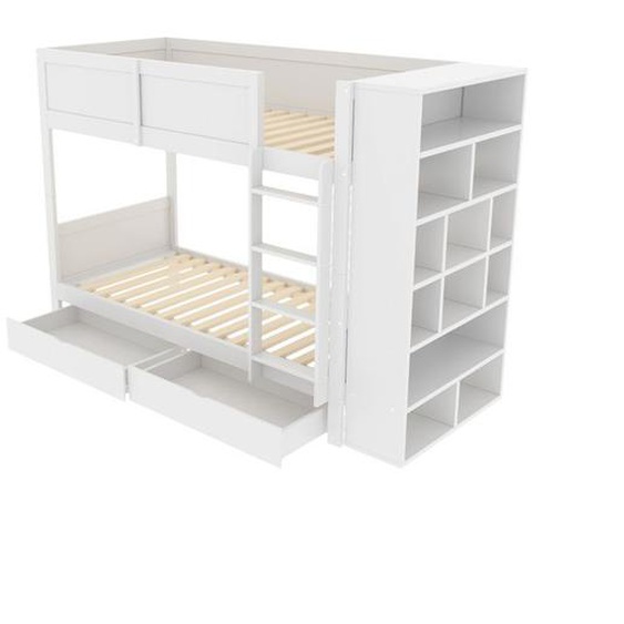 DRIPEX Lit Superposé 90×200cm avec 2 tiroirs,Lit avec étagères,clôture et échelle,Lit maison avec tête de lit de rangement,Blanc