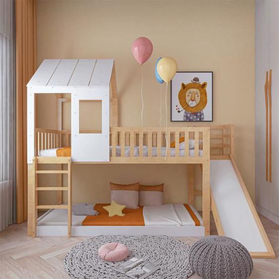 DRIPEX Lit superposé 90x200cm avec échelle à angle droit et toboggan,lit Maison avec toit et fenêtre,cadre en pin,naturel+blanc